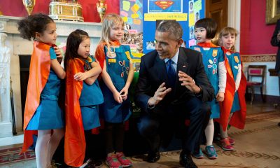 President Barack Obama views science exhibits during the 2015 White House Science Fair celebrating student winners of a broad range of science, technology, engineering, and math (STEM) competitions, in the Red Room, March 23, 2015. The President talks with Emily Bergenroth, Alicia Cutter, Karissa Cheng, Addy O'Neal, and Emery Dodson, all six-year-old Girl Scouts, from Tulsa, Oklahoma. They used Lego pieces and designed a battery-powered page turner to help people who are paralyzed or have arthritis. (Official White House Photo by Chuck Kennedy)

This official White House photograph is being made available only for publication by news organizations and/or for personal use printing by the subject(s) of the photograph. The photograph may not be manipulated in any way and may not be used in commercial or political materials, advertisements, emails, products, promotions that in any way suggests approval or endorsement of the President, the First Family, or the White House.