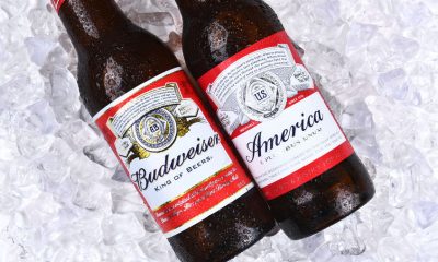 56982566 - irvine, ca - may 21, 2016: two budweiser beer bottles on ice. a limited edition america bottle and a traditional label from anheuser-busch.